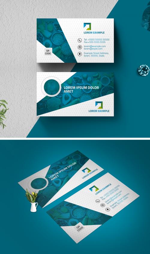 Business Card Layout with Blue Overlay Elements - 336457326