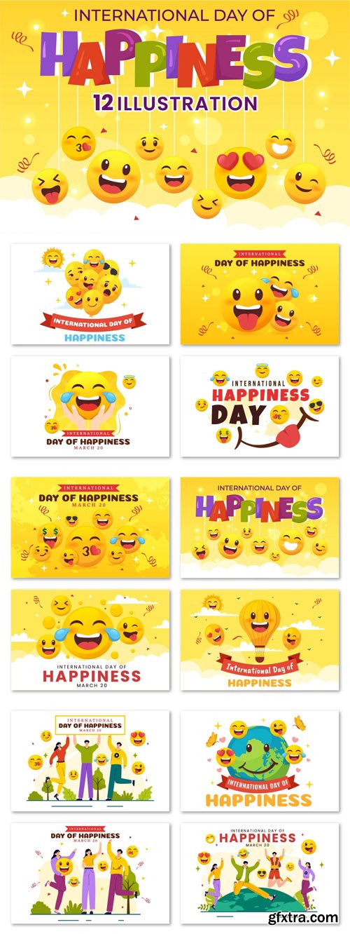 International Day of Happiness - 12 Illustrations Pack