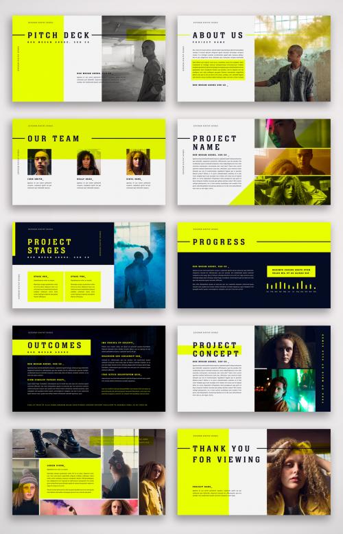 Pitch Deck Layout with Fluorescent Yellow Accents - 337465677