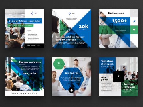 Social Media Post Layout Set with Blue and Green Accent - 338544159