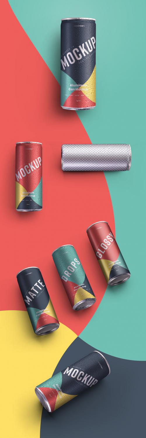 4 Aluminum Cans with Water Drops Mockup - 338904923
