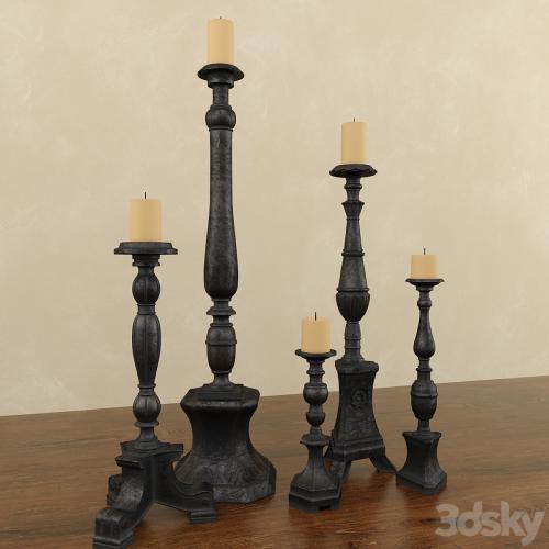 Florentine Carved Wood Candlesticks Black