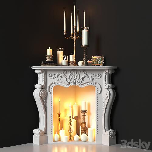 Corner fireplace with candles. Decorative set