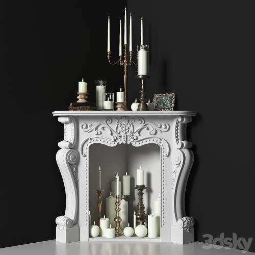 Corner fireplace with candles. Decorative set