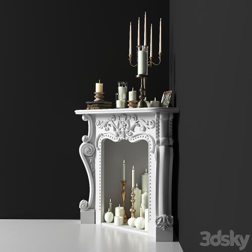 Corner fireplace with candles. Decorative set