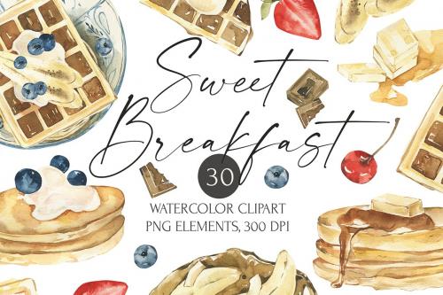 Watercolor Sweet Breakfast clipart. Tasty food