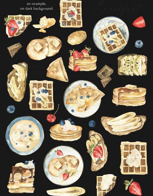 Watercolor Sweet Breakfast clipart. Tasty food