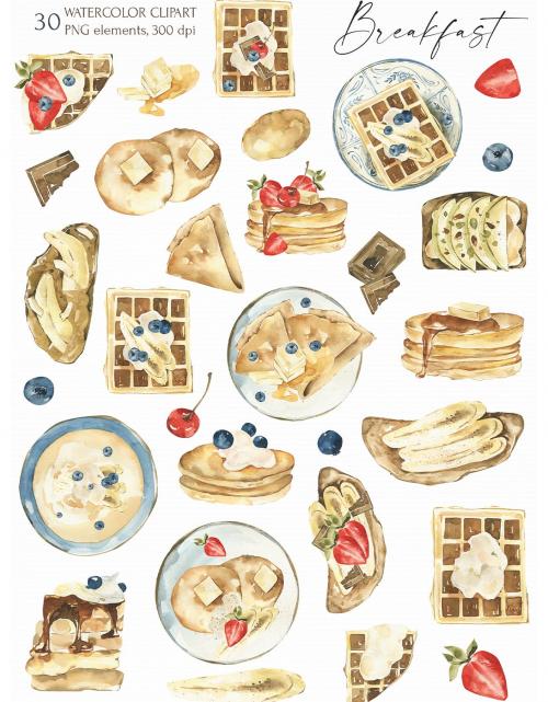 Watercolor Sweet Breakfast clipart. Tasty food