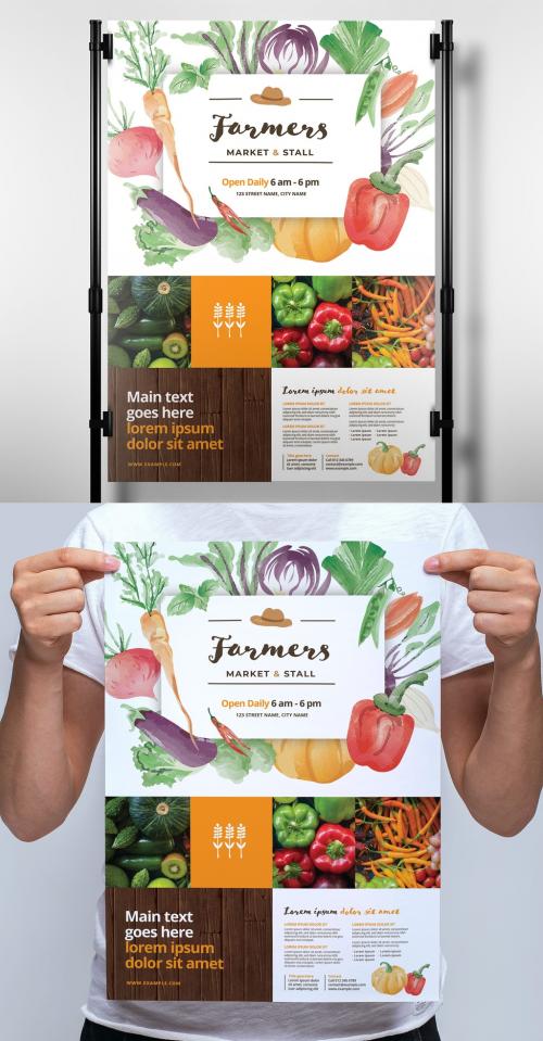 Farmer's Market Poster Layout with Watercolor Illustrations - 341022307