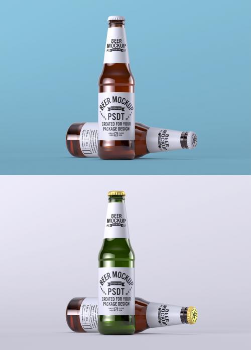 Two Beer Bottles and Bottle Cap Mockup for Product Packaging - 341030407