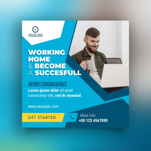 Working from Home Social Media Post Layout Set with Blue Accents - 341068612