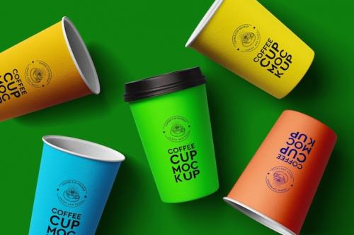 Realistic 5 Colorfully Paper Coffee Cup And Mug Mockup Design Psd Mockup