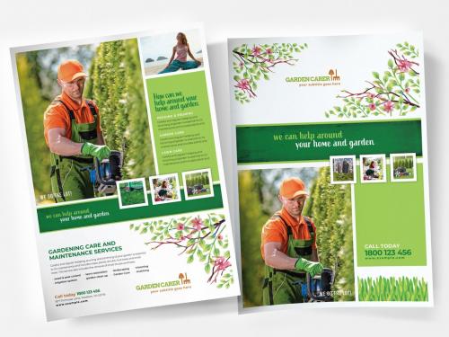 Garden Service Poster Layout with Leaf Illustrations - 341482139