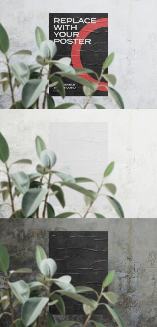 Glued Poster Mockup on Concrete Wall with Plant - 341787282