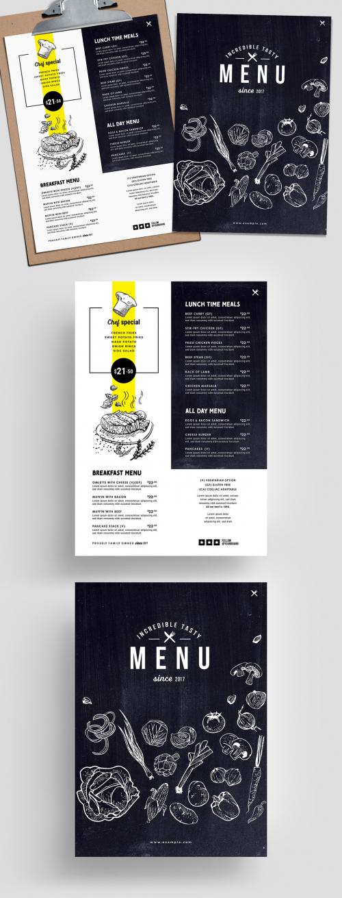 Food Menu Layout with Chalkboard Texture and Illustrations - 342167605