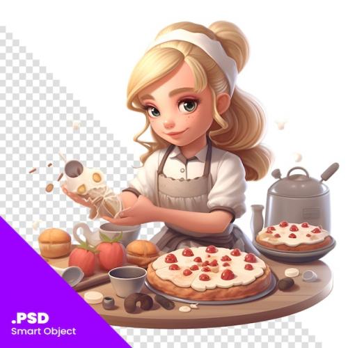 Cute Little Girl Cooking Cake In Kitchen Cartoon Vector Illustration Psd Template