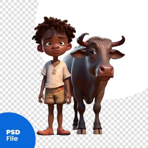 African American Boy Standing Next To A Big Bull 3d Render Psd Template