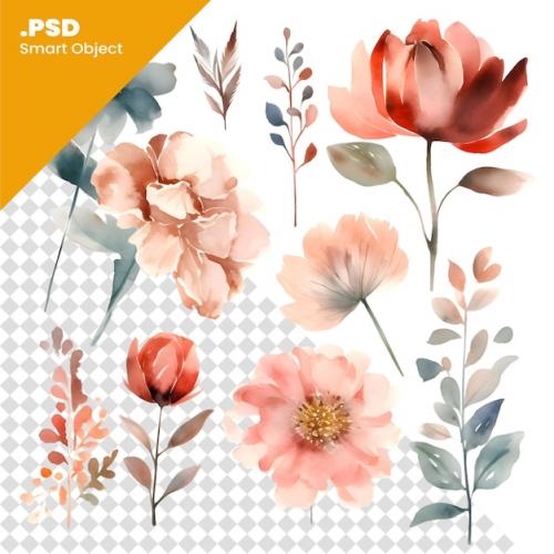Watercolor Set Of Flowers Hand Painted Floral Elements Isolated On White Background Psd Template