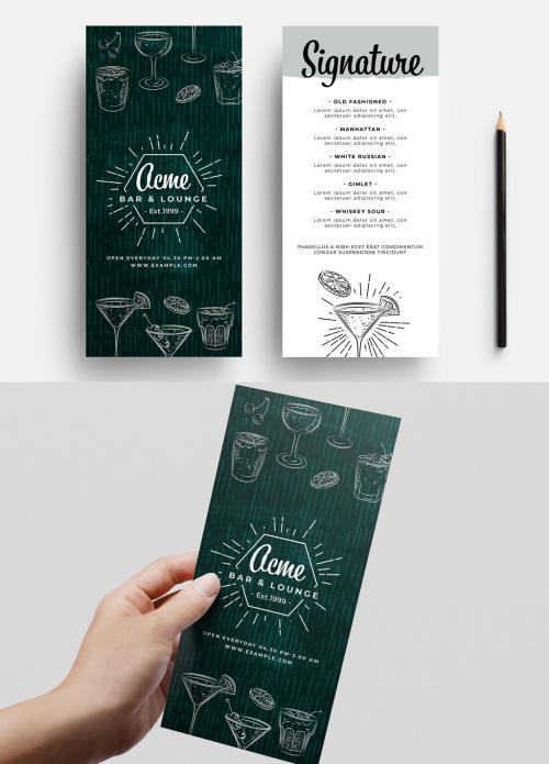 Compact Cocktail Menu Flyer with Drink Illustrations - 343578204