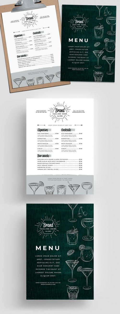 Cocktail Menu Layout with Classic Drink Illustrations - 343587951