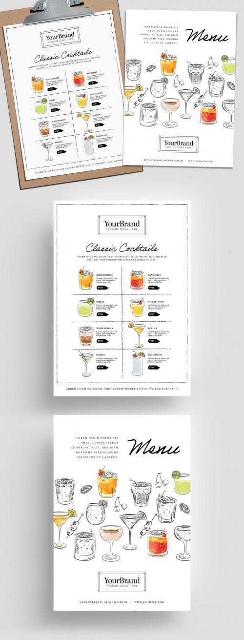 Bar Menu Layout with Watercolor Cocktail Illustrations - 343587964