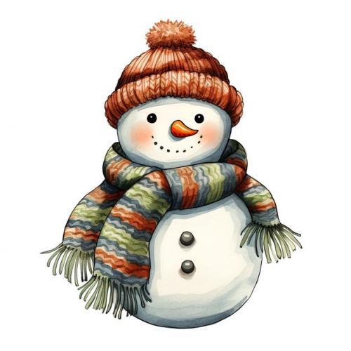 Watercolor Snowman With Hat And Scarf Isolated On White Background