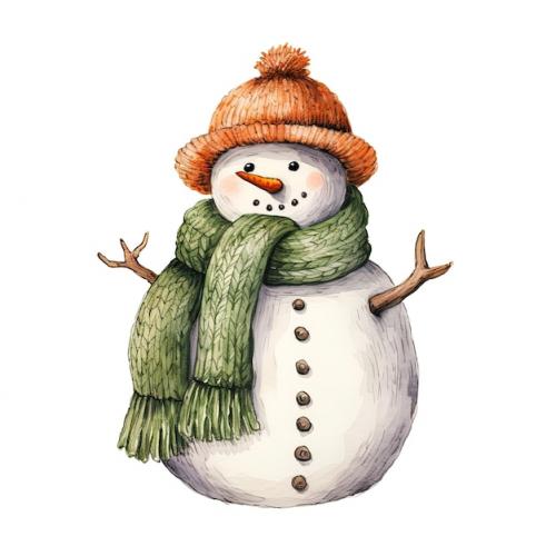 Watercolor Snowman With Hat And Scarf Isolated On White Background