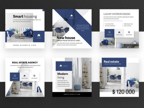 Social Media Post Layout Set with Dark Blue Accent - 343960215