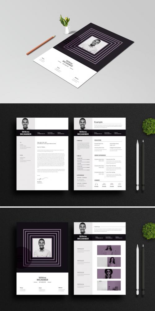 Resume and Cover Letter Layout Set with Dark Gray Header Element - 344222343