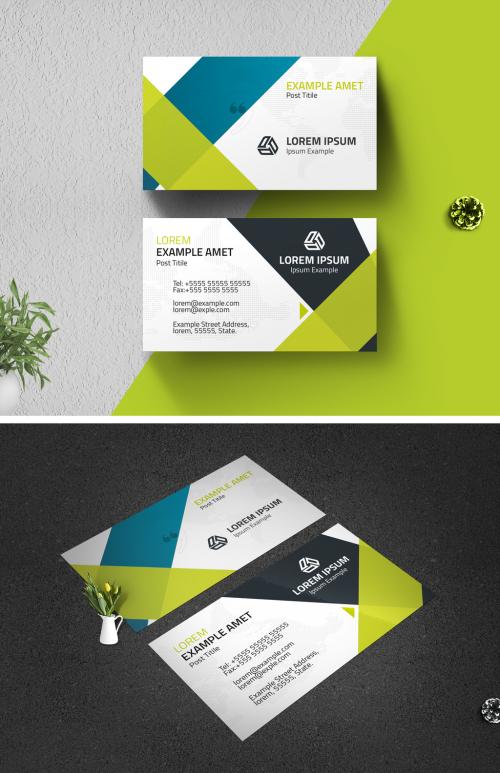 Green Business Card Layout with Geometric Elements - 344222374