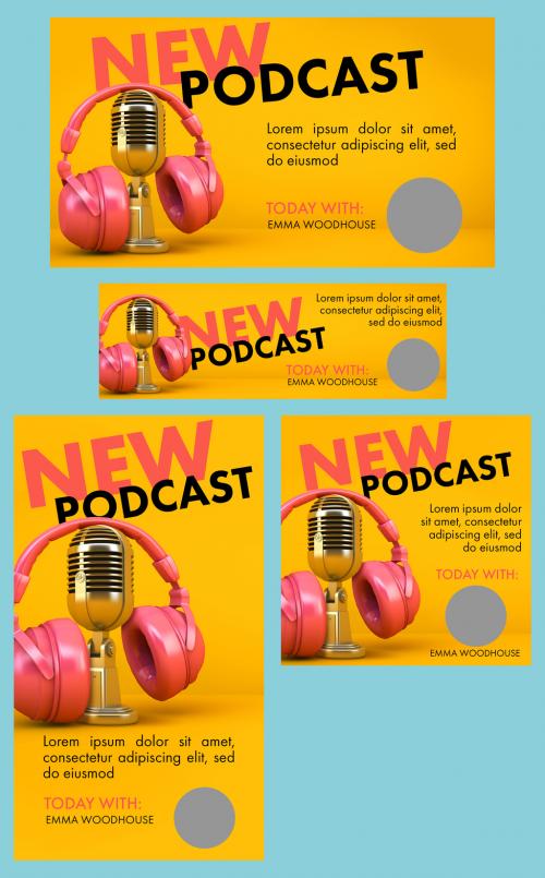 Podcast Social Media Layout Kit With Microphone and Headset Illustrations - 344611742