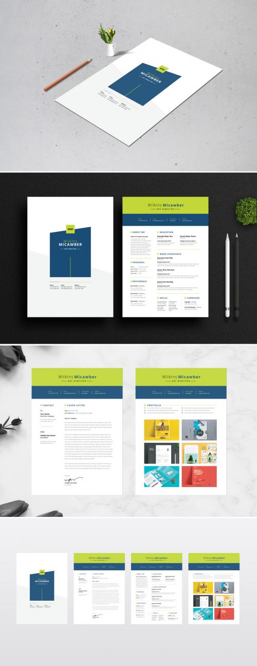Green and Navy Blue Resume and Cover Letter Layout - 344936623