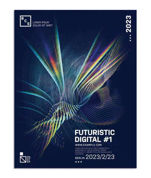 Futuristic Poster Layout with Colorful Wave Background - 345982023