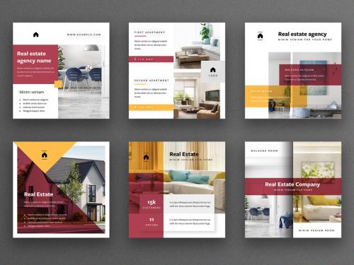 Real Estate Social Media Post Layout Set with Red and Yellow Accents - 346238163