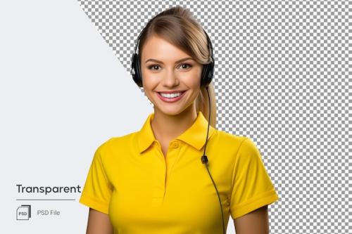 Call Center Support Assistant Woman In Yellow Clothes With Headphone