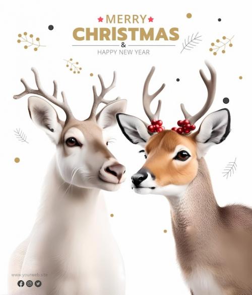 Merry Christmas Poster Template With Two Lovely Reindeer Isolated On White Background