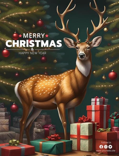 Merry Christmas Poster Template With Deer Christmas Trees And Presents