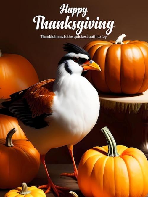 Thanksgiving Poster Template With Bird And Pumpkins Arrangement Indoors