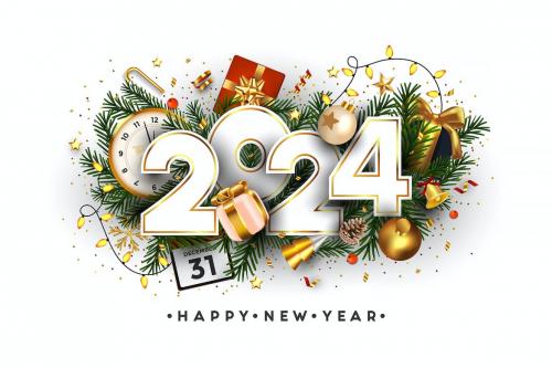 Happy New Year, 2024 numbers on Green Fir Branches