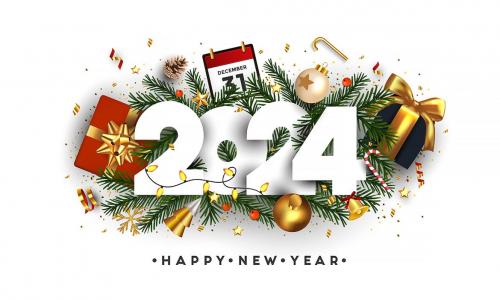 Happy New Year, 2024 numbers on Green Fir Branches