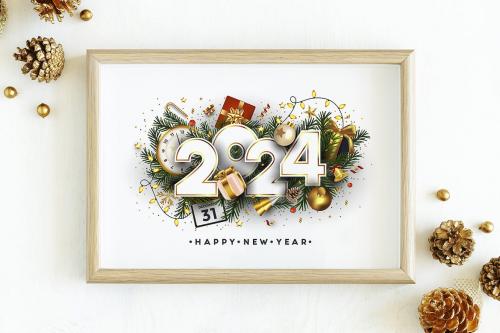 Happy New Year, 2024 numbers on Green Fir Branches