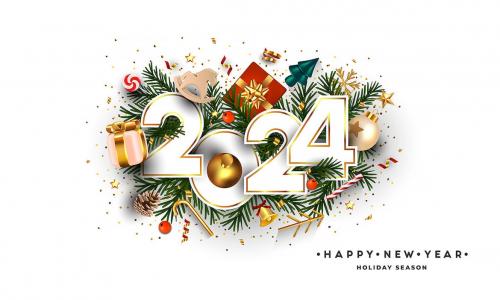 Happy New Year, 2024 numbers on Green Fir Branches