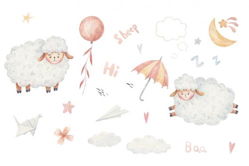 Watercolor baby sheep illustration. Little sheep