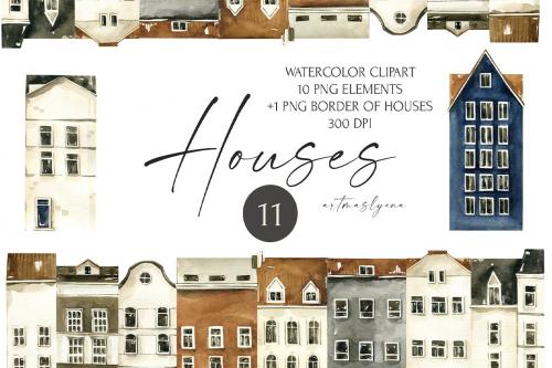 Watercolor City houses clipart. Digital town image