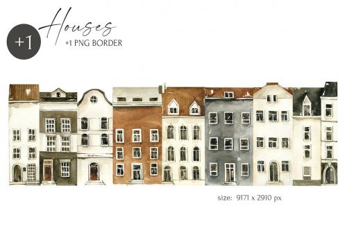 Watercolor City houses clipart. Digital town image