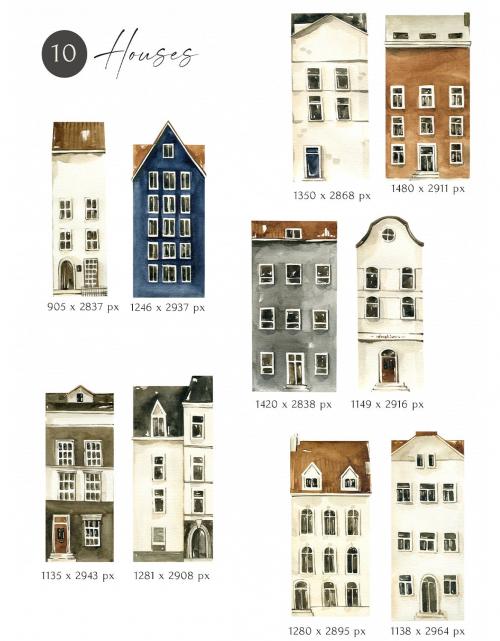 Watercolor City houses clipart. Digital town image