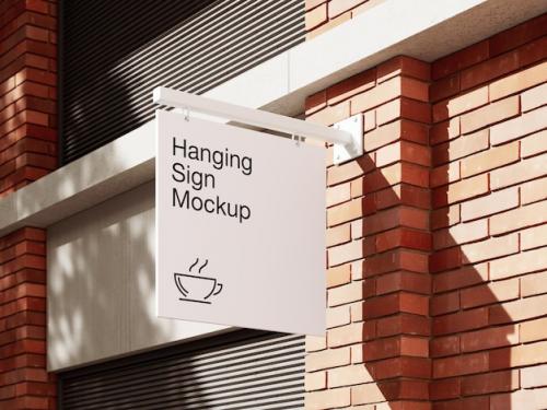 Hanging Sign On Brick Wall Mockup