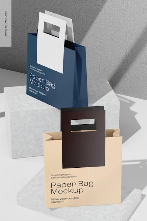 Paper Bags On Concrete Background Mockup High Angle View