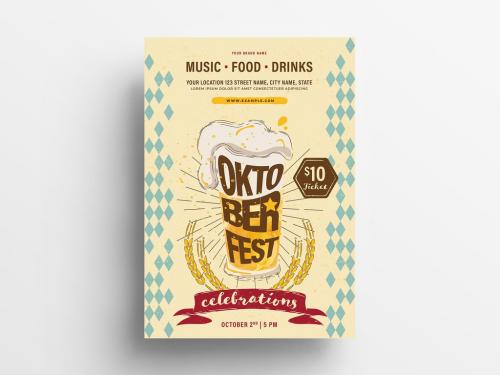 Oktoberfest Poster Flyer Layout with Frothy Beer and Bavarian Pattern - 348332520