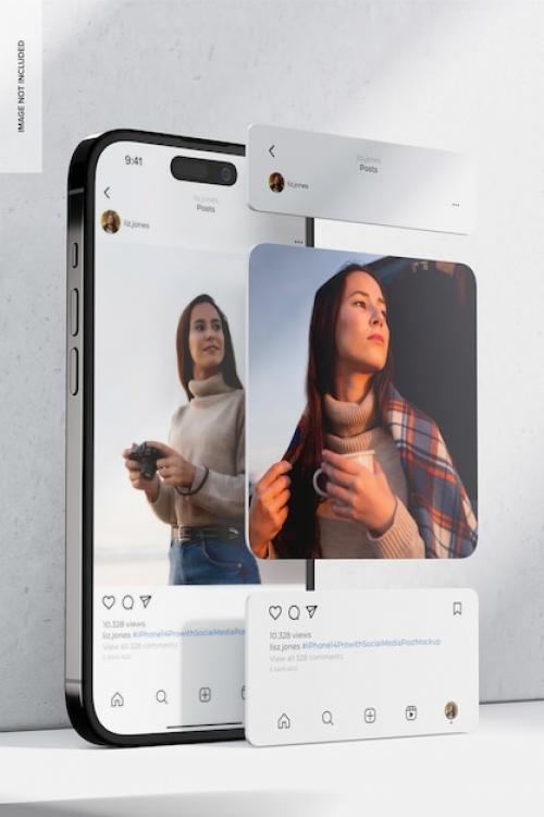 Iphone 14 Pro With Social Media Post Mockup Left View